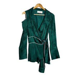 Hellessy 2 Long Sleeve Blouse green satin jacquard floral tie sleeves luxury